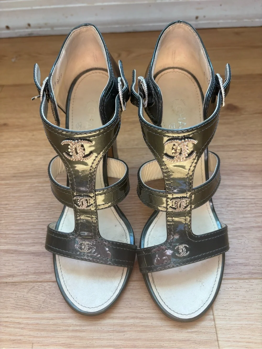 Chanel Metallic Gray Patent Leather Strappy Sandals